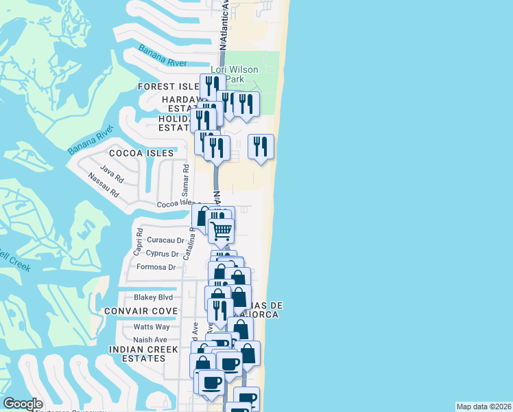 map of restaurants, bars, coffee shops, grocery stores, and more near 850 North Atlantic Avenue in Cocoa Beach