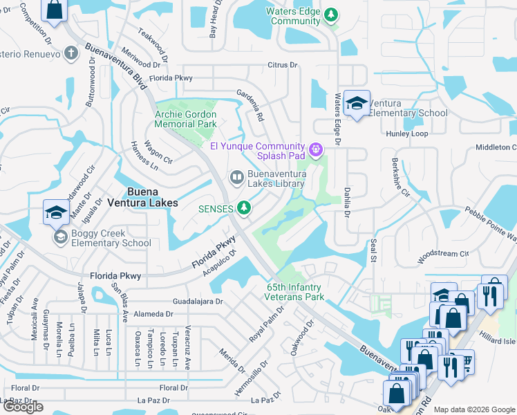 map of restaurants, bars, coffee shops, grocery stores, and more near 100 Tulip Way in Kissimmee