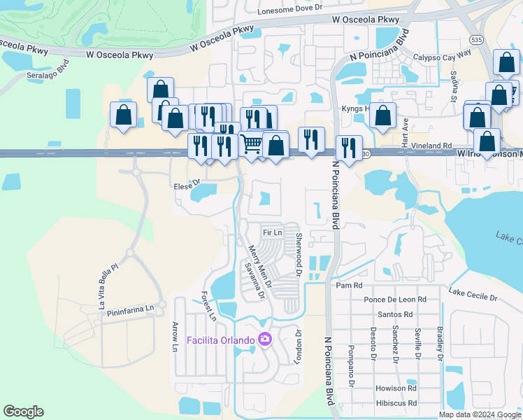map of restaurants, bars, coffee shops, grocery stores, and more near 5271 Cane Island Loop in Kissimmee
