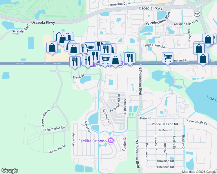 map of restaurants, bars, coffee shops, grocery stores, and more near 5253 Cane Island Loop in Kissimmee