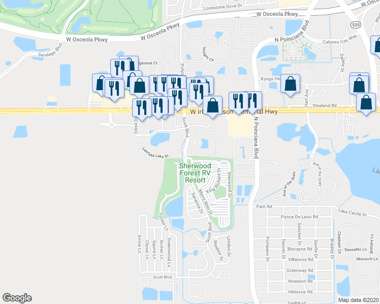 map of restaurants, bars, coffee shops, grocery stores, and more near 5253 Cane Island Loop in Kissimmee
