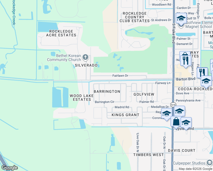map of restaurants, bars, coffee shops, grocery stores, and more near 1801 Barrington Circle in Rockledge