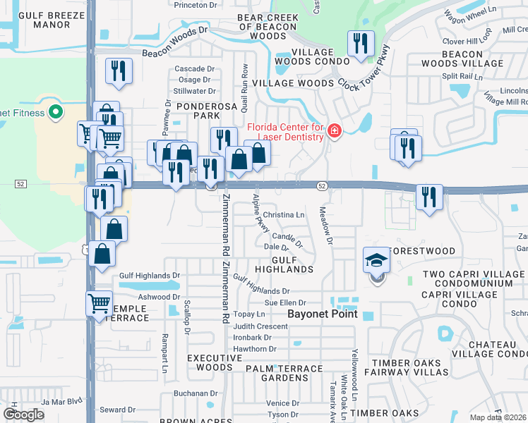 map of restaurants, bars, coffee shops, grocery stores, and more near 7613 Christina Lane in Port Richey