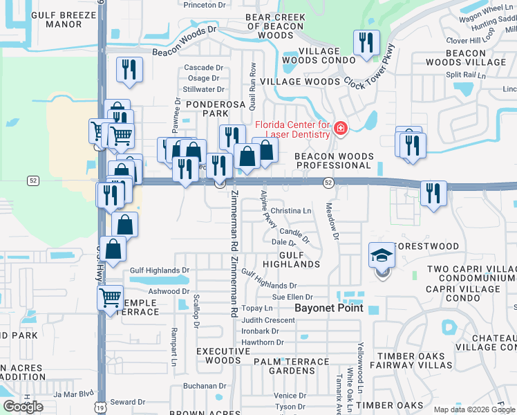 map of restaurants, bars, coffee shops, grocery stores, and more near 7609 Karen Drive in Port Richey