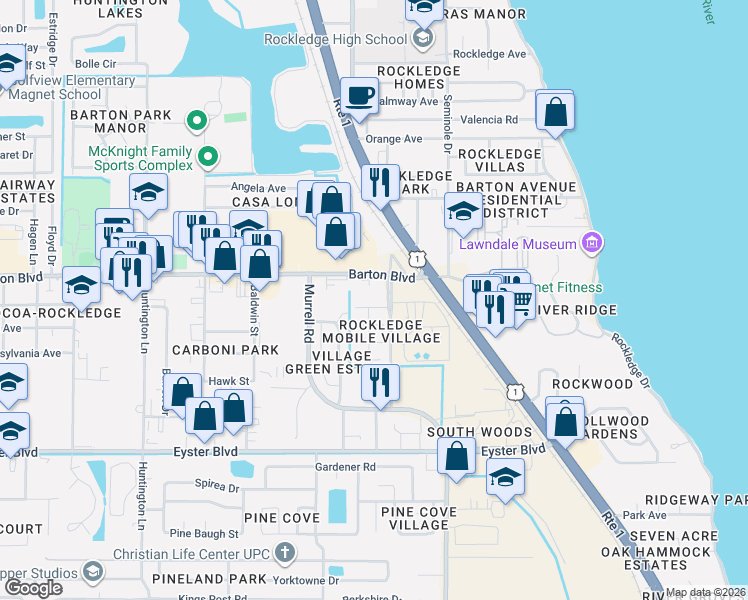 map of restaurants, bars, coffee shops, grocery stores, and more near 175 Barton Boulevard in Rockledge