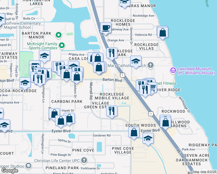 map of restaurants, bars, coffee shops, grocery stores, and more near 175 Barton Boulevard in Rockledge