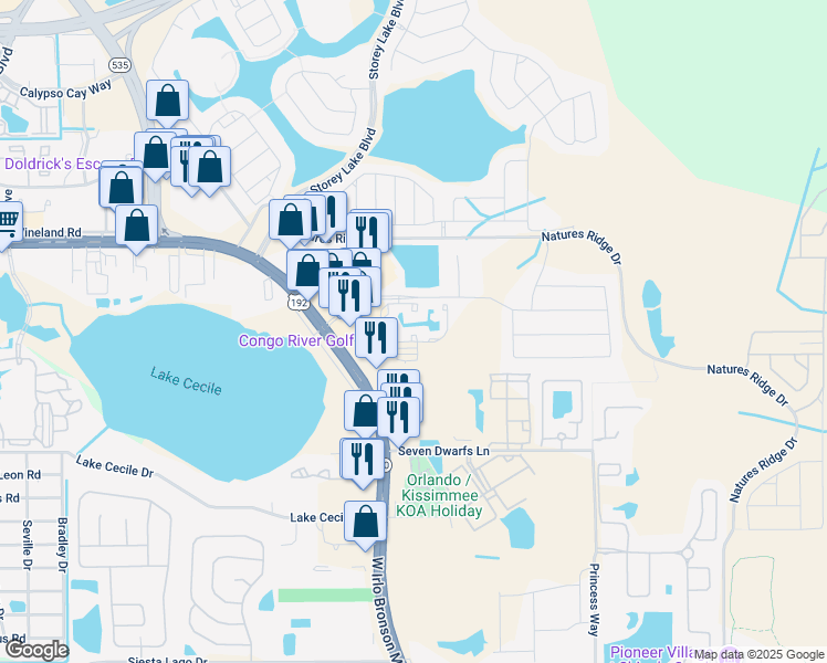 map of restaurants, bars, coffee shops, grocery stores, and more near Unnamed Road in Kissimmee
