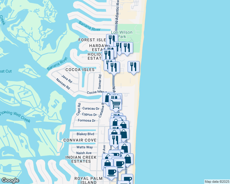 map of restaurants, bars, coffee shops, grocery stores, and more near 850 North Atlantic Avenue in Cocoa Beach