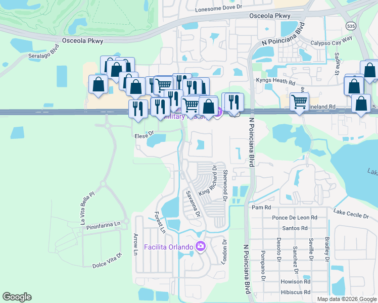 map of restaurants, bars, coffee shops, grocery stores, and more near 5253 Cane Island Loop in Kissimmee