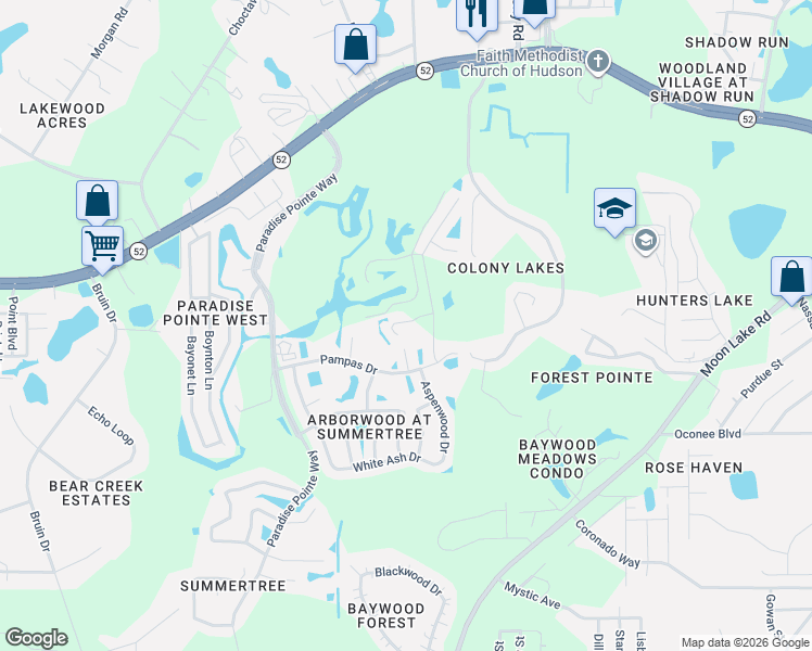 map of restaurants, bars, coffee shops, grocery stores, and more near 11647 Foxworth Lane in New Port Richey