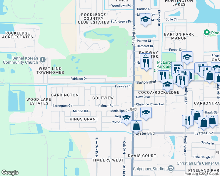 map of restaurants, bars, coffee shops, grocery stores, and more near 1028 Fairway Lane in Rockledge