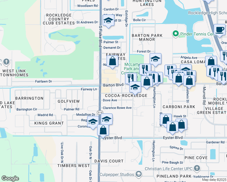 map of restaurants, bars, coffee shops, grocery stores, and more near 1708 Elm Street in Rockledge