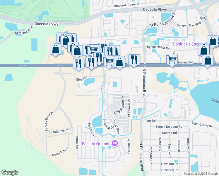 map of restaurants, bars, coffee shops, grocery stores, and more near 5253 Cane Island Loop in Kissimmee
