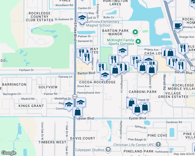 map of restaurants, bars, coffee shops, grocery stores, and more near in Rockledge