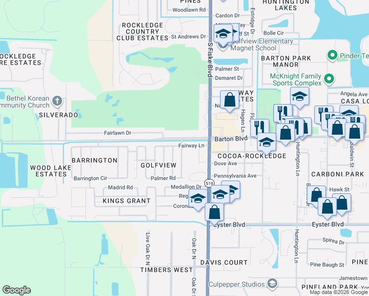 map of restaurants, bars, coffee shops, grocery stores, and more near 1704 Golfview Drive in Rockledge