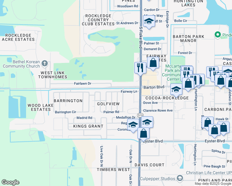 map of restaurants, bars, coffee shops, grocery stores, and more near 1028 Fairway Lane in Rockledge