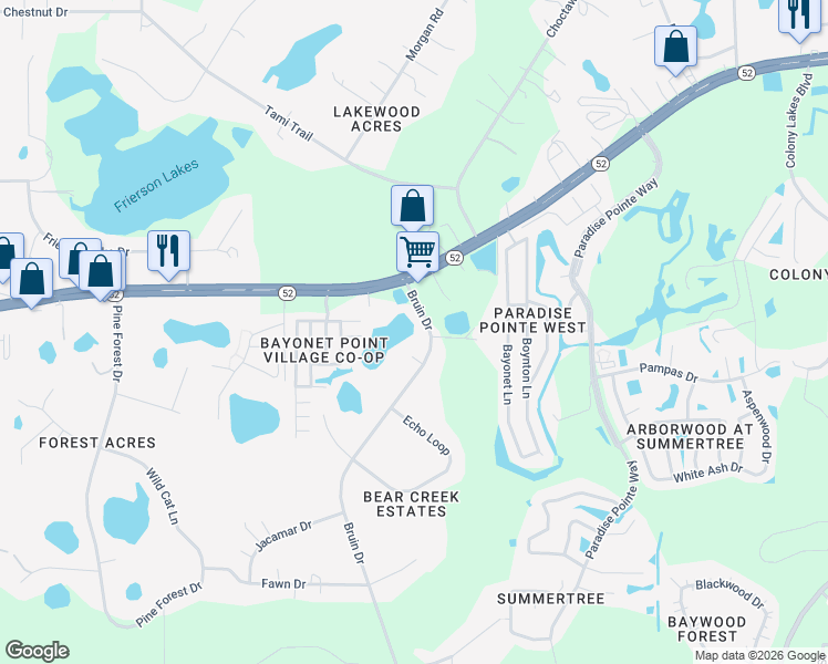 map of restaurants, bars, coffee shops, grocery stores, and more near 11931 Bruin Drive in New Port Richey
