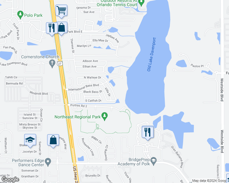 map of restaurants, bars, coffee shops, grocery stores, and more near 50989 Highway 27 in Davenport