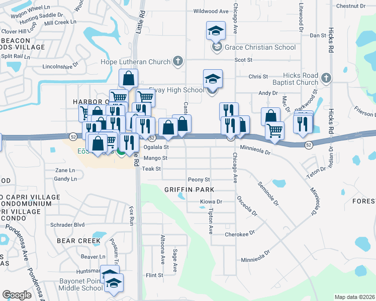 map of restaurants, bars, coffee shops, grocery stores, and more near 9230 Ogalala Street in New Port Richey
