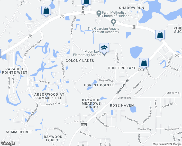 map of restaurants, bars, coffee shops, grocery stores, and more near 11902 Colony Lakes Boulevard in New Port Richey