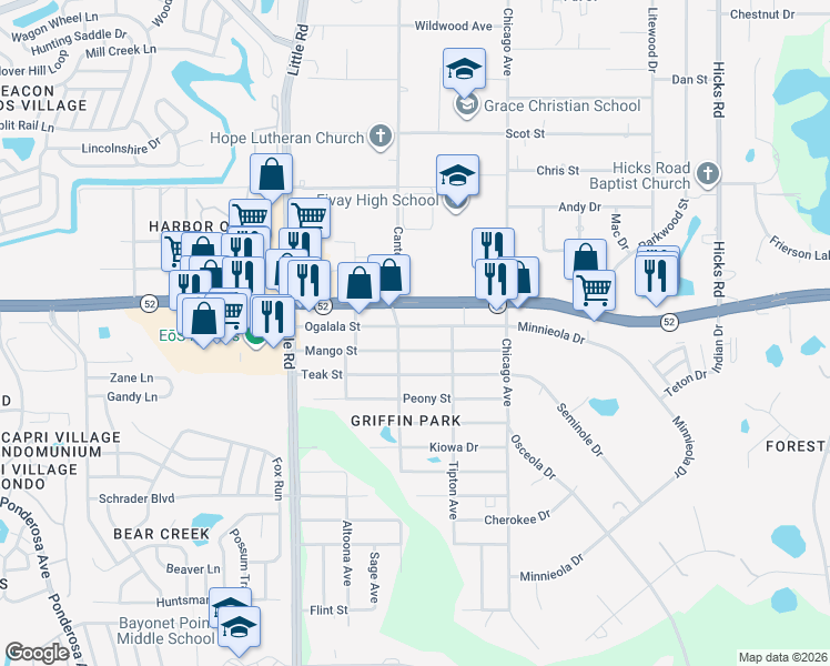 map of restaurants, bars, coffee shops, grocery stores, and more near 9230 Ogalala Street in New Port Richey