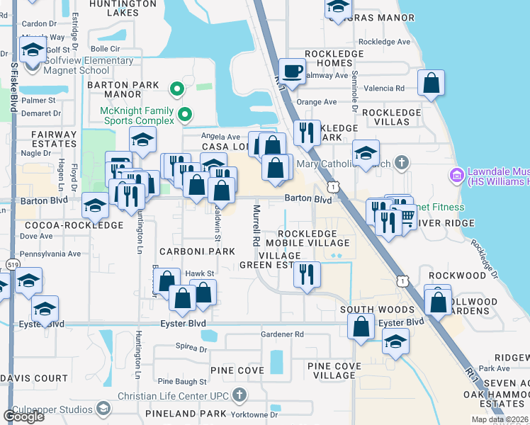 map of restaurants, bars, coffee shops, grocery stores, and more near 193 Barton Boulevard in Rockledge