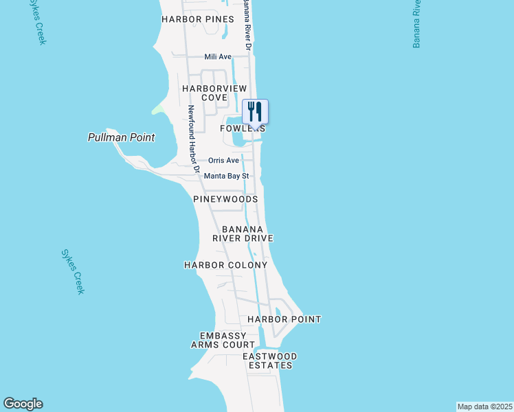 map of restaurants, bars, coffee shops, grocery stores, and more near 1550 South Banana River Drive in Merritt Island