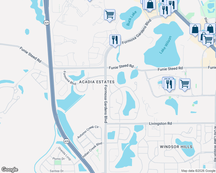 map of restaurants, bars, coffee shops, grocery stores, and more near 8000 Acadia Estates Court in Kissimmee
