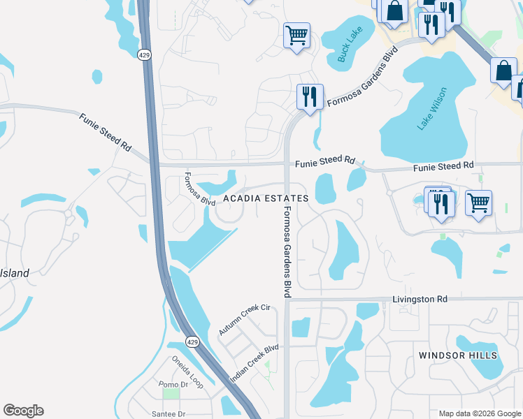 map of restaurants, bars, coffee shops, grocery stores, and more near 8027 Acadia Estates Court in Kissimmee