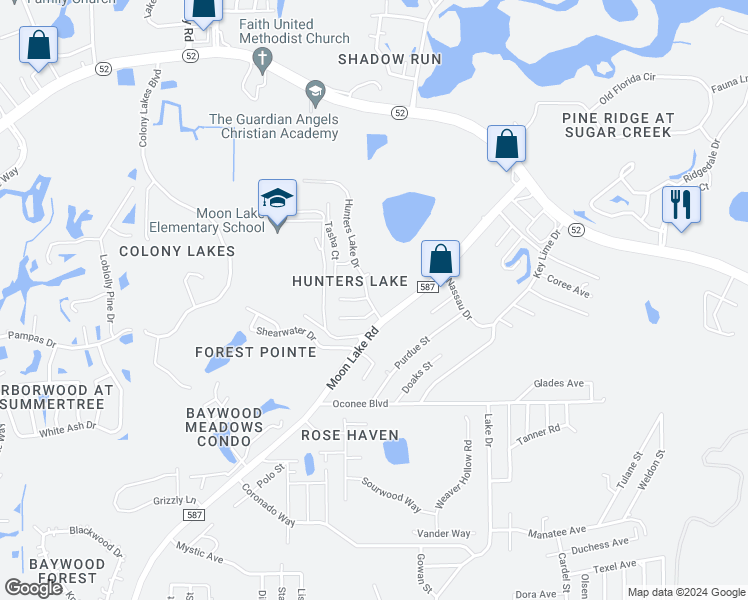 map of restaurants, bars, coffee shops, grocery stores, and more near 11858 Hunters Lake Drive in New Port Richey