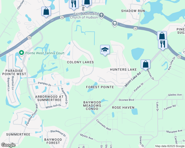 map of restaurants, bars, coffee shops, grocery stores, and more near 11906 Colony Lakes Boulevard in New Port Richey