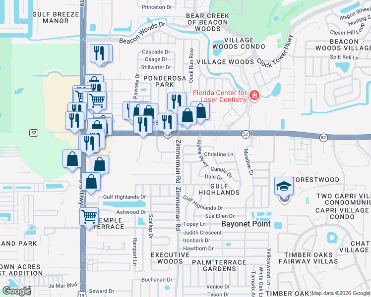 map of restaurants, bars, coffee shops, grocery stores, and more near 7514 Karen Drive in Port Richey