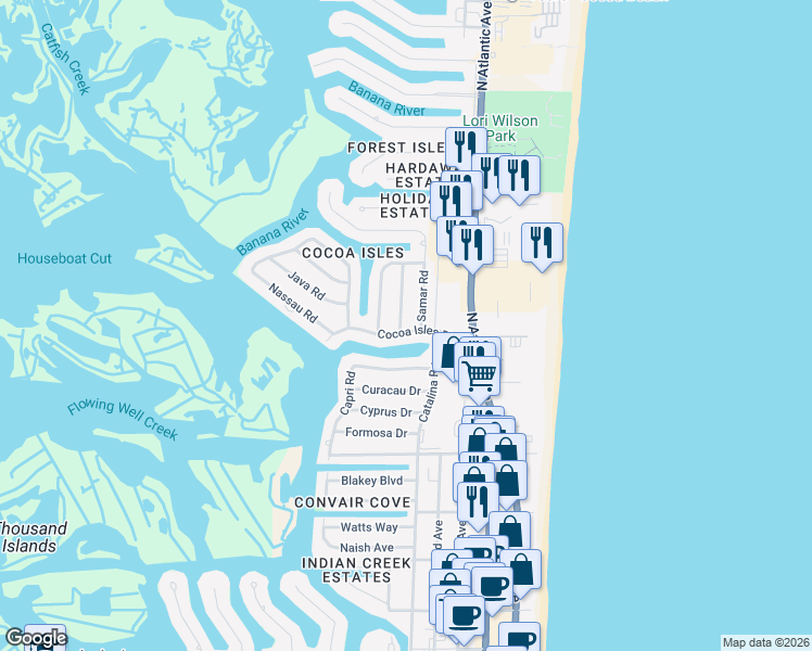 map of restaurants, bars, coffee shops, grocery stores, and more near 915 Samar Road in Cocoa Beach