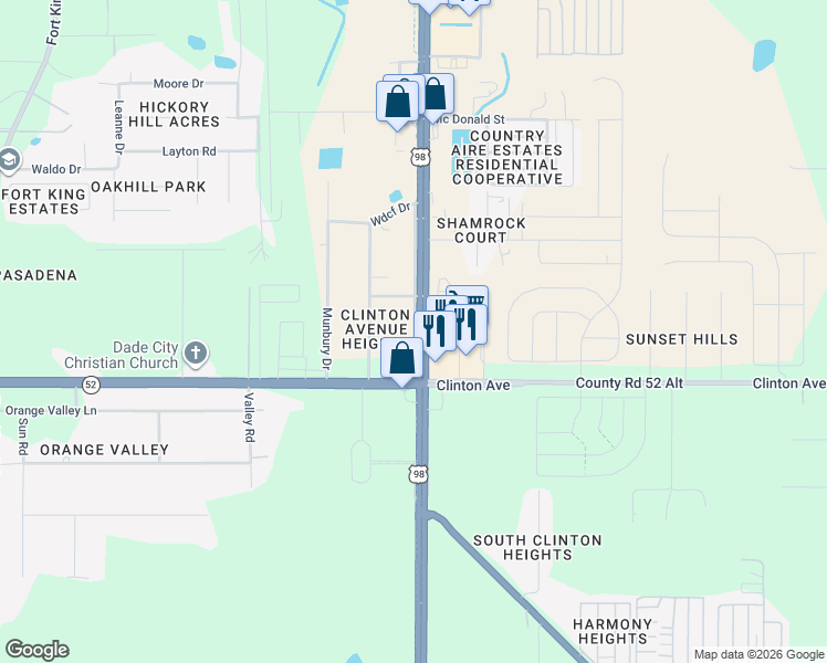 map of restaurants, bars, coffee shops, grocery stores, and more near 11853 Frontage Road in Dade City