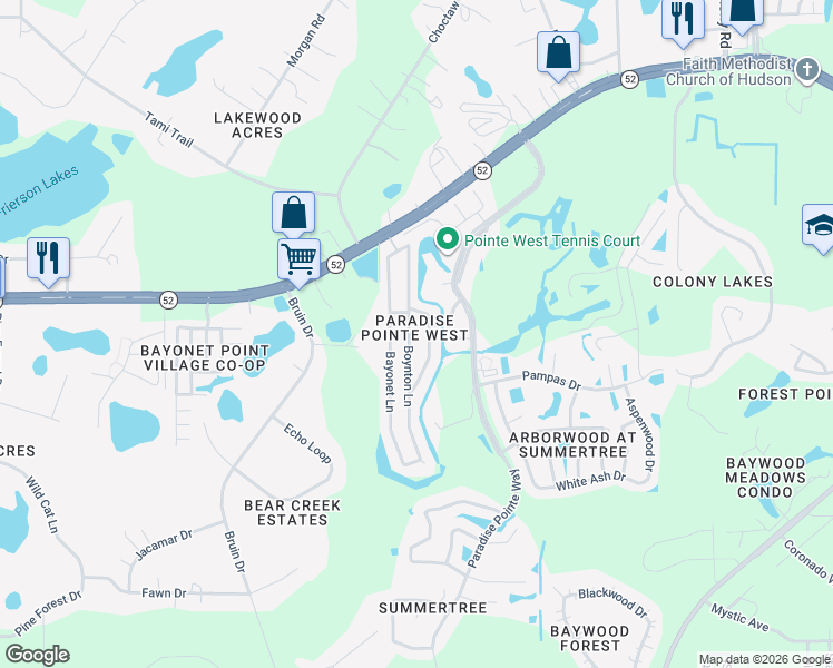 map of restaurants, bars, coffee shops, grocery stores, and more near 11921 Boynton Lane in New Port Richey