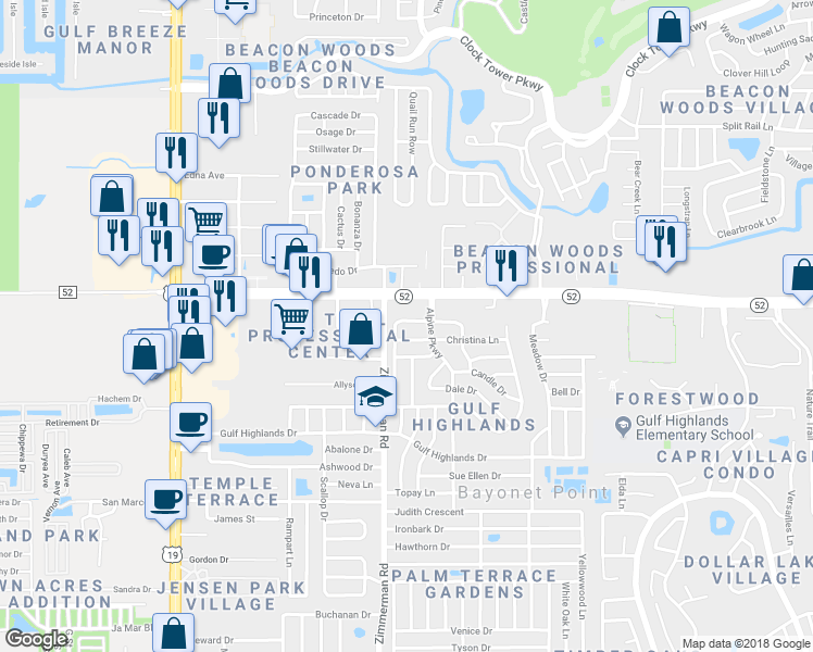 map of restaurants, bars, coffee shops, grocery stores, and more near 7522 Karen Drive in Port Richey