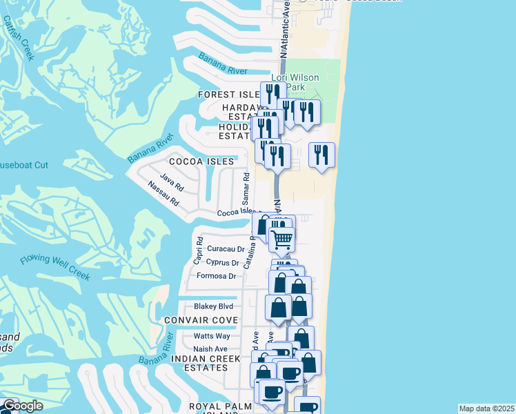 map of restaurants, bars, coffee shops, grocery stores, and more near 1225 North Atlantic Avenue in Cocoa Beach