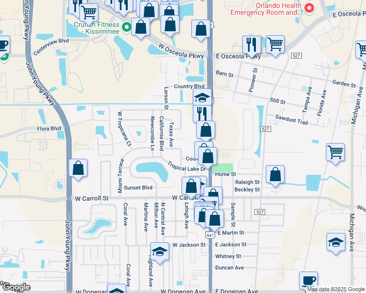 map of restaurants, bars, coffee shops, grocery stores, and more near 290 State Boulevard in Kissimmee