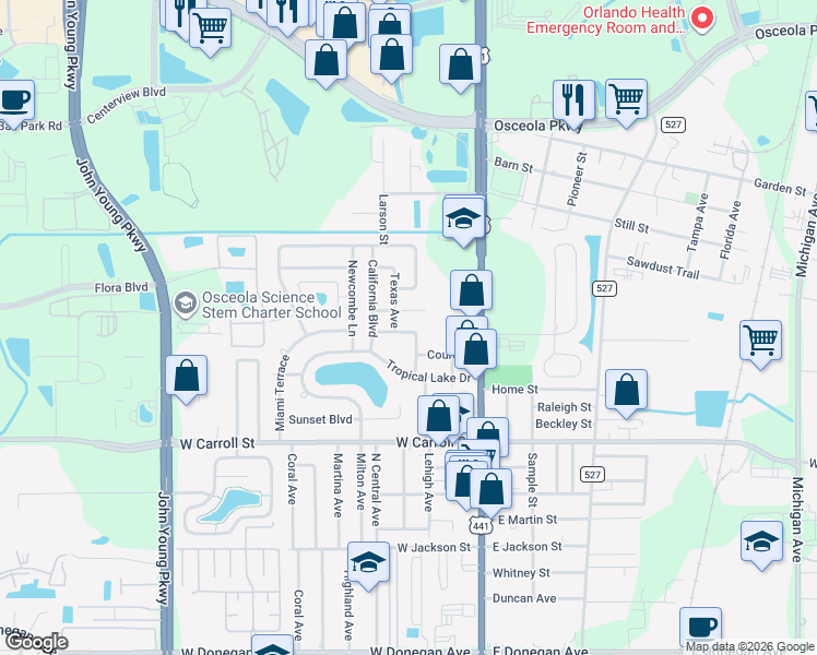 map of restaurants, bars, coffee shops, grocery stores, and more near 290 State Boulevard in Kissimmee