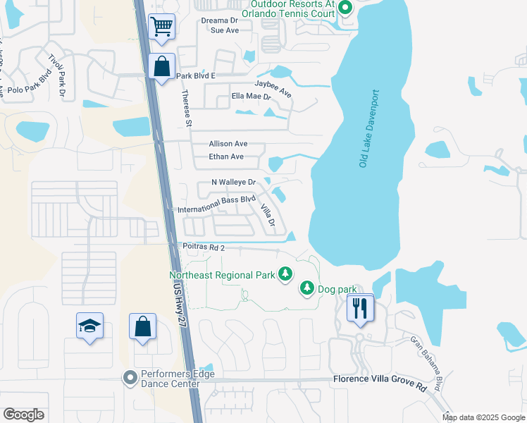 map of restaurants, bars, coffee shops, grocery stores, and more near 50989 Highway 27 in Davenport