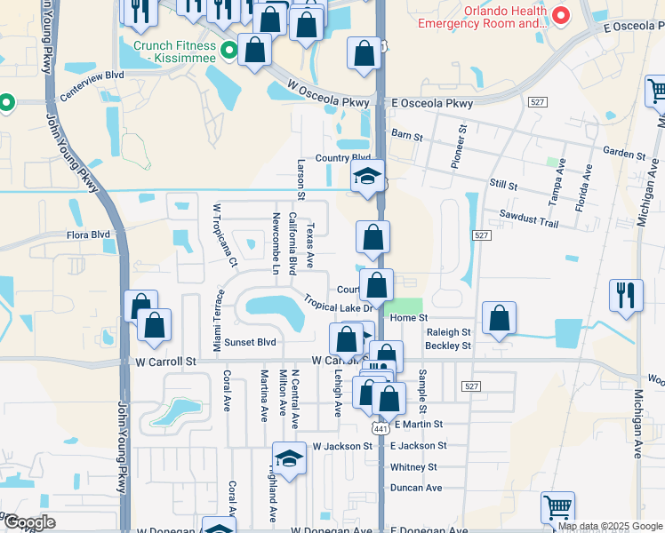 map of restaurants, bars, coffee shops, grocery stores, and more near 290 State Boulevard in Kissimmee