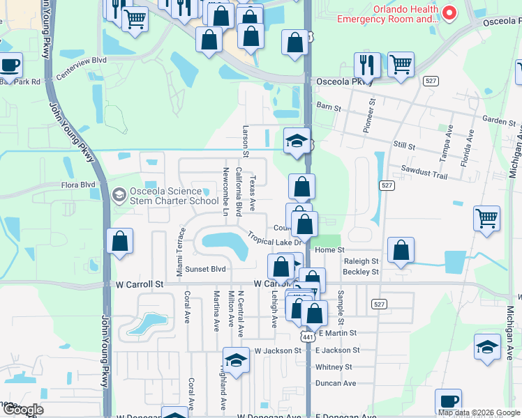 map of restaurants, bars, coffee shops, grocery stores, and more near 290 State Boulevard in Kissimmee
