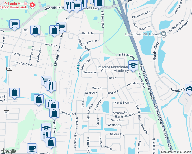 map of restaurants, bars, coffee shops, grocery stores, and more near 2808 Mill Run Boulevard in Kissimmee