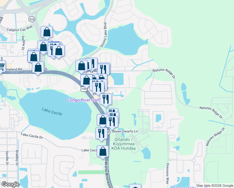 map of restaurants, bars, coffee shops, grocery stores, and more near 3013 Sheffield Circle in Kissimmee