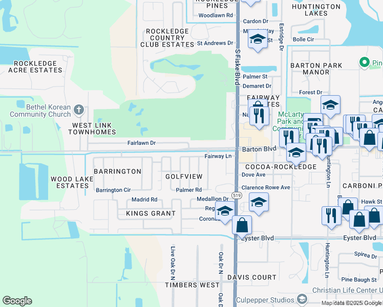 map of restaurants, bars, coffee shops, grocery stores, and more near 1028 Fairway Lane in Rockledge