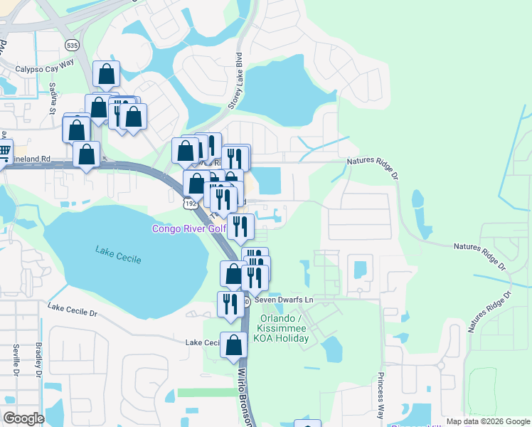 map of restaurants, bars, coffee shops, grocery stores, and more near 3013 Sheffield Circle in Kissimmee