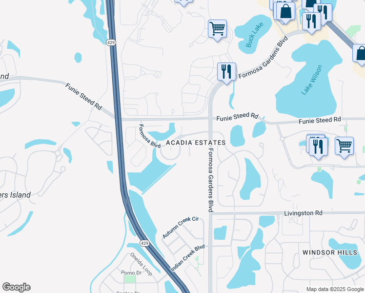map of restaurants, bars, coffee shops, grocery stores, and more near 8027 Acadia Estates Court in Kissimmee