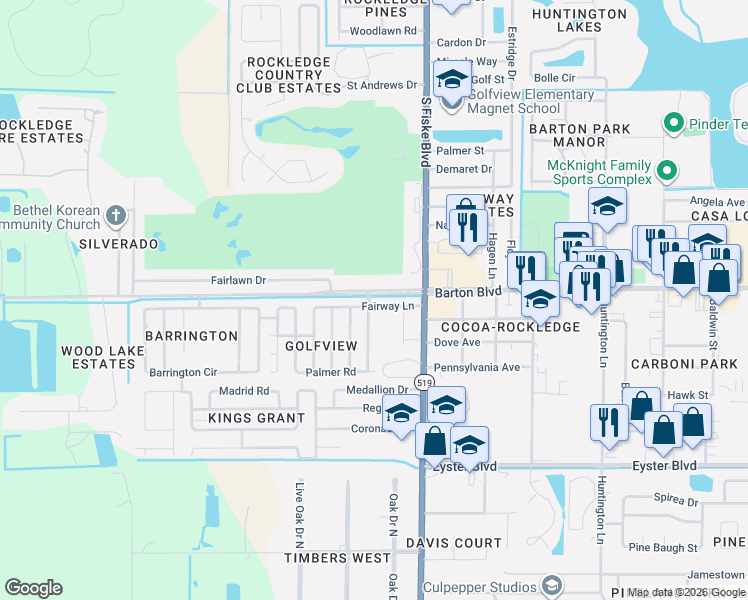 map of restaurants, bars, coffee shops, grocery stores, and more near 1704 Golfview Drive in Rockledge