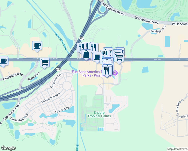 map of restaurants, bars, coffee shops, grocery stores, and more near 5005 Kyngs Heath Road in Kissimmee