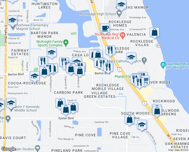 map of restaurants, bars, coffee shops, grocery stores, and more near 193 Barton Boulevard in Rockledge